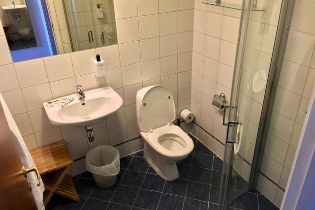 Glass shower screen in a tiled bathroom